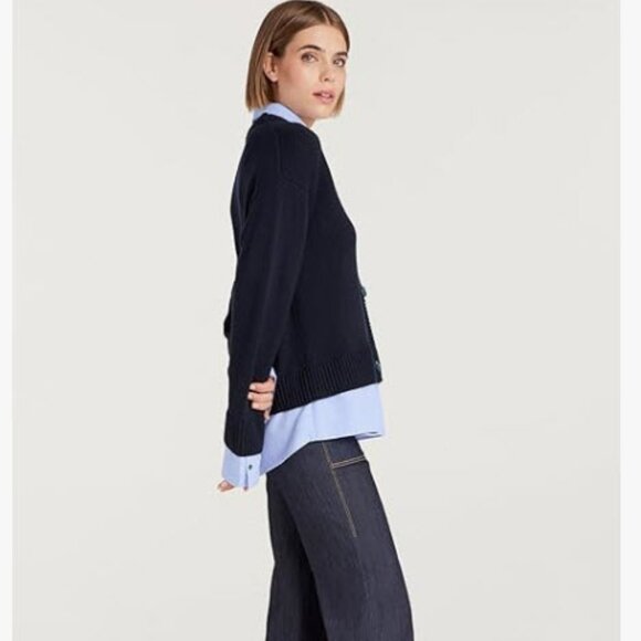 Cinq Sept Women's Blue Solid Cashmere Wool Blend Collared Neck V-Neck Cardigan